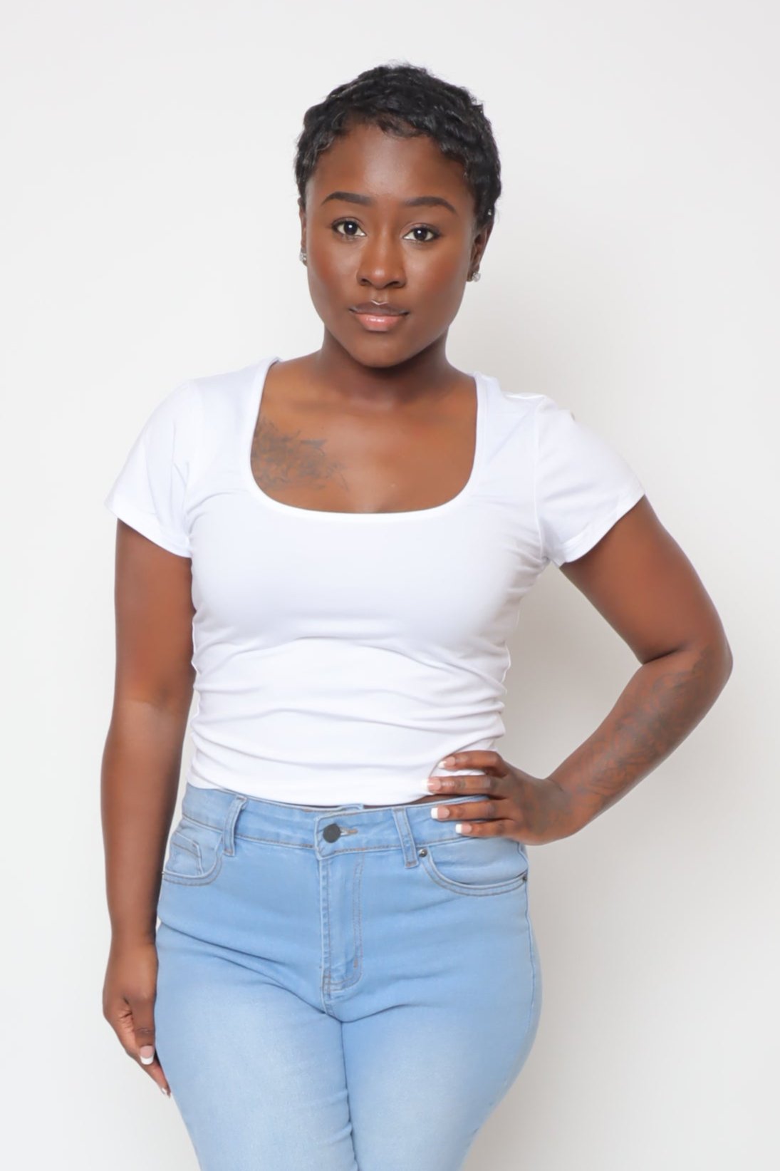 U-Neck Crop Tee-WHITE