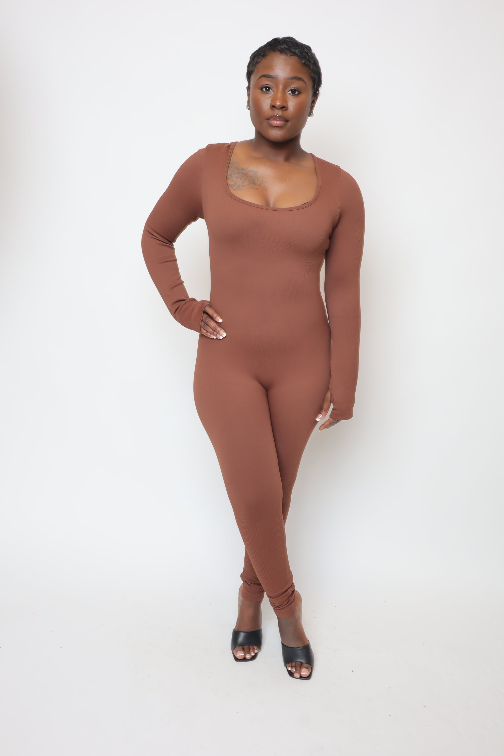 Ribbed Sculpted Bodycon Jumpsuit-Brown